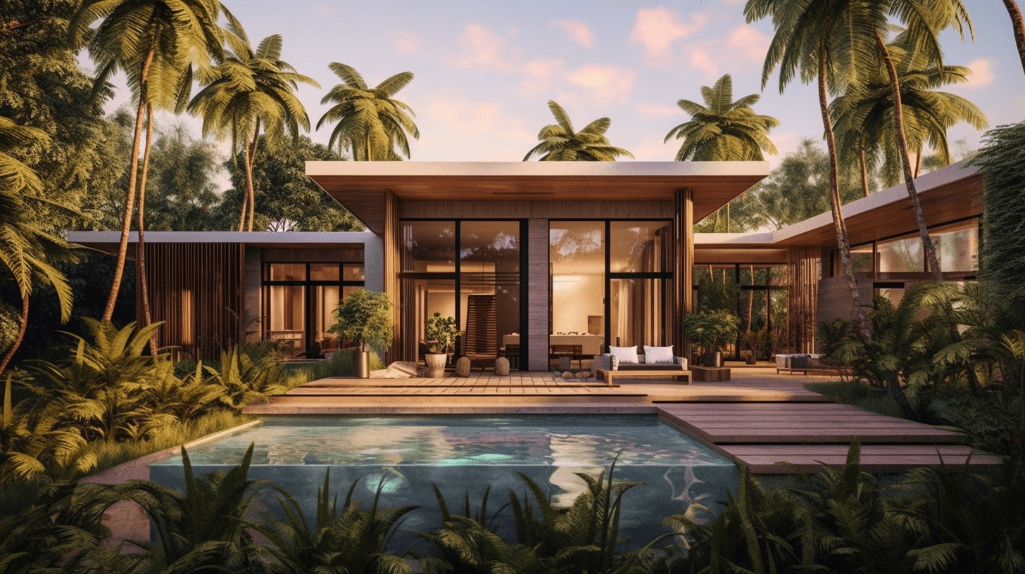 An AI-generated image of a house with a pool surrounded by palm trees.