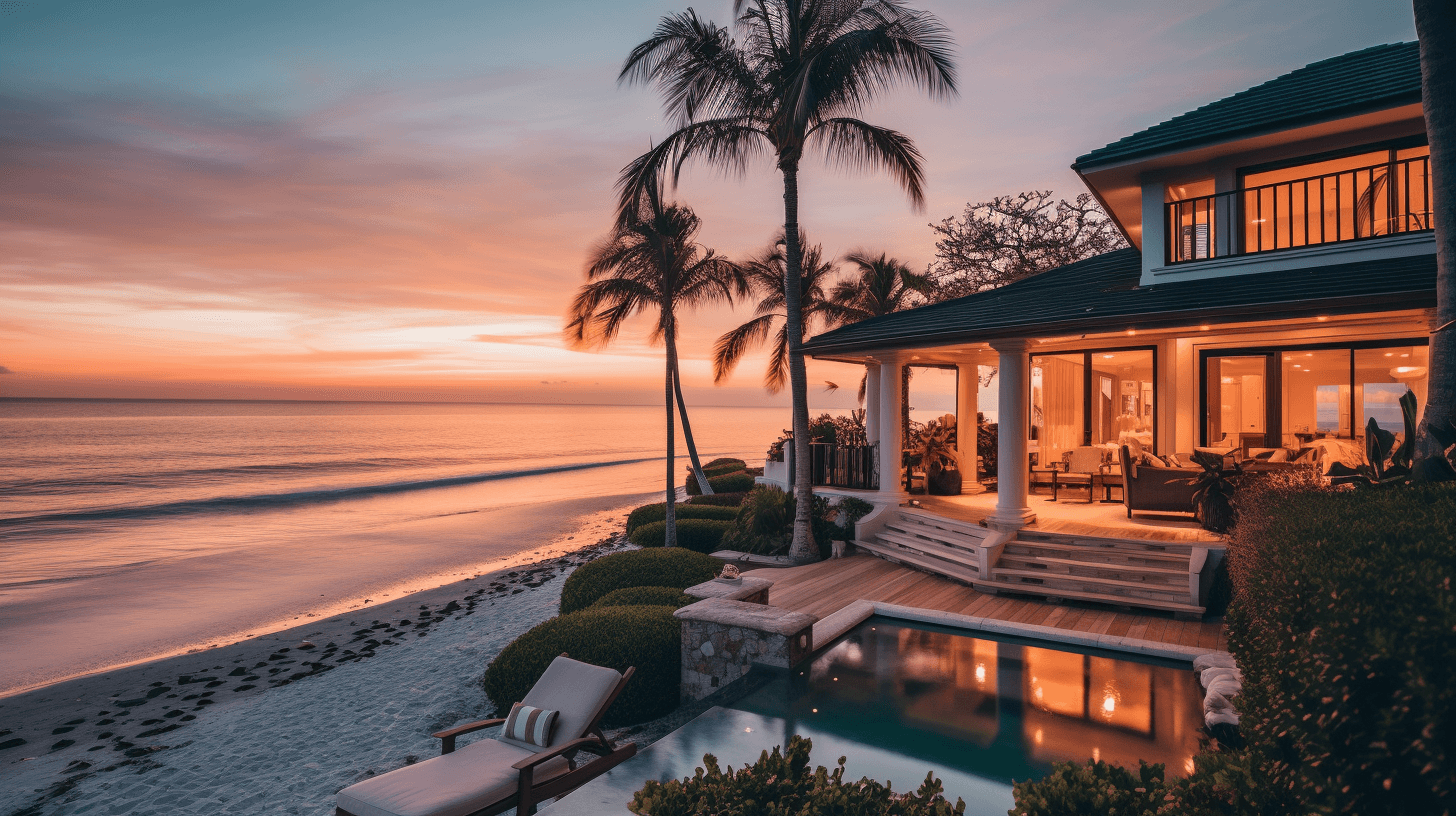 An AI-generated image of a luxurious house on a beach with palm trees and a pool.